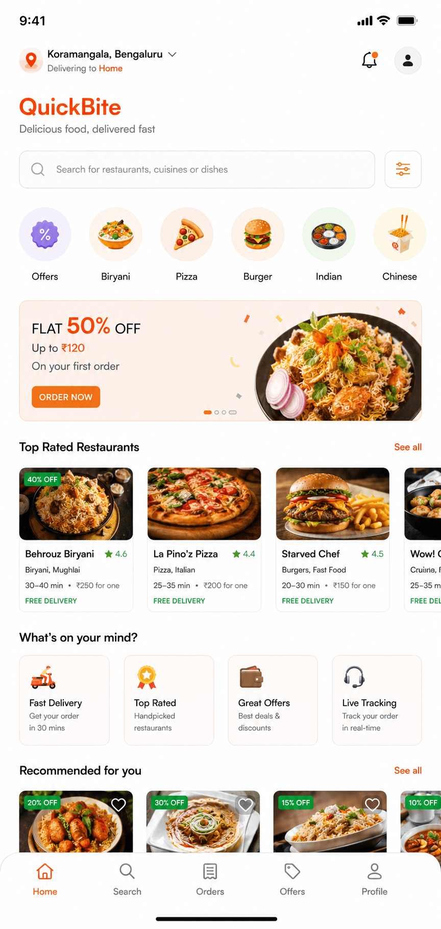 Food delivery mobile app screens showing order tracking and restaurant listings