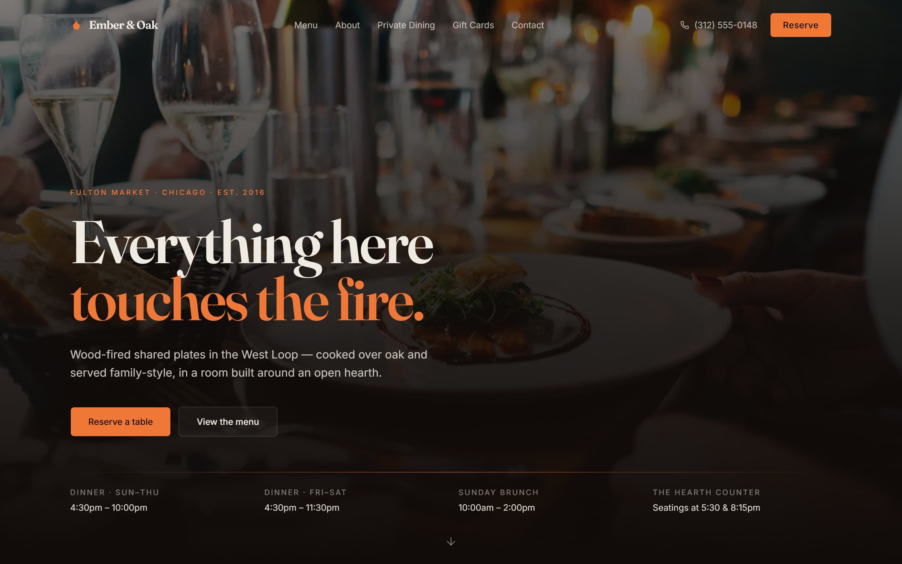 Ember & Oak restaurant homepage with reservation call to action and full opening hours
