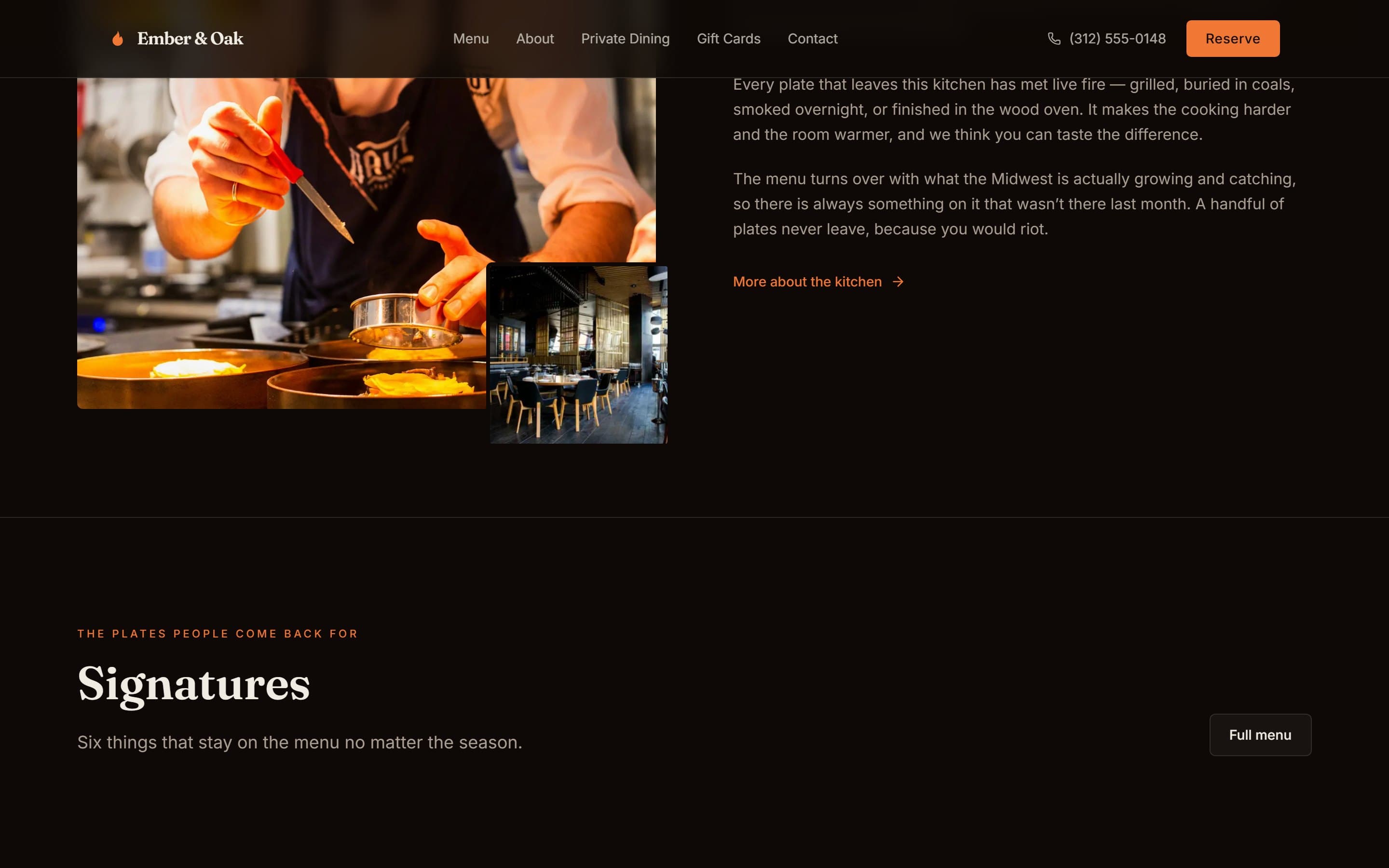Ember & Oak kitchen story section and signature menu heading