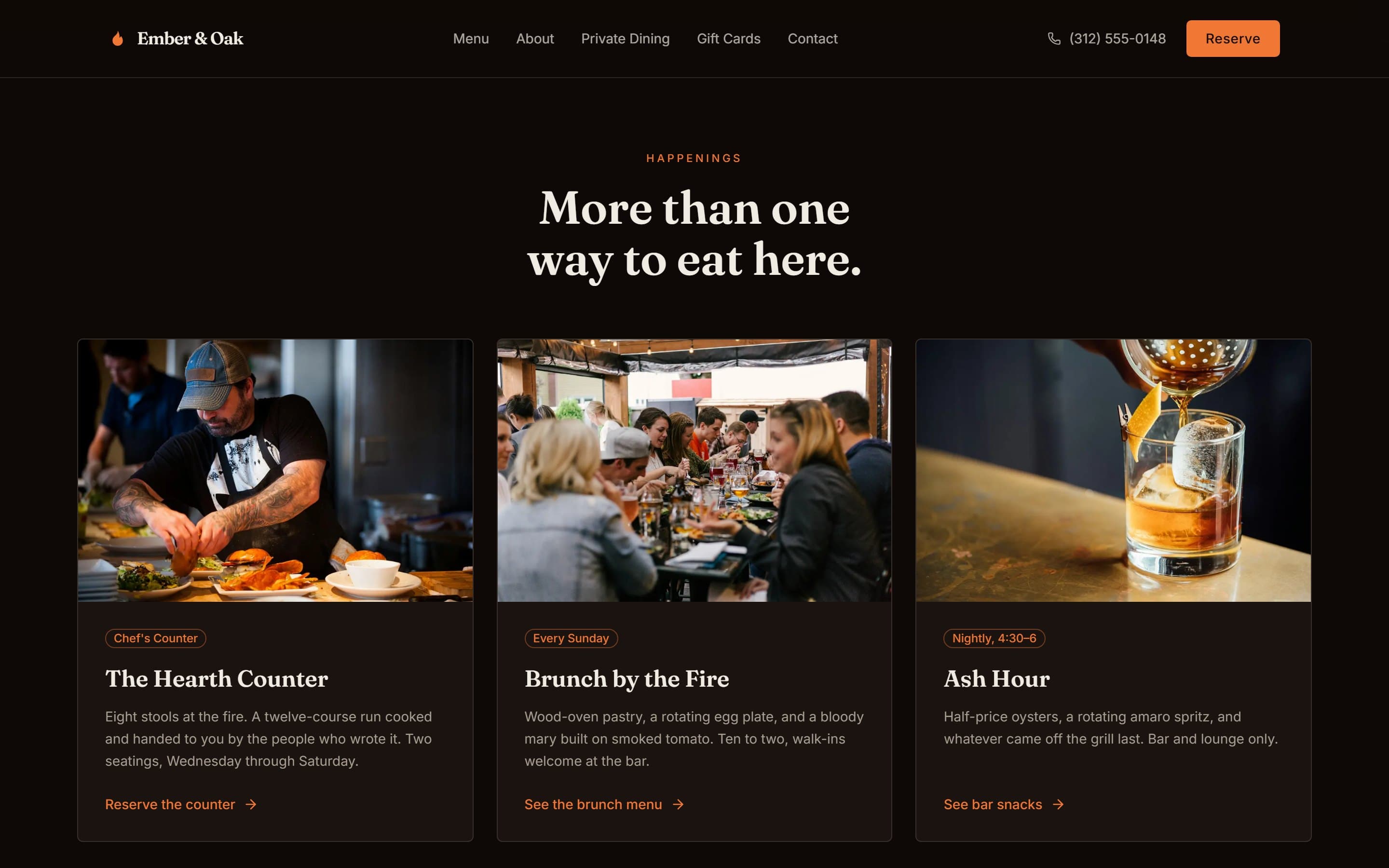 Ember & Oak dining experiences and location sections