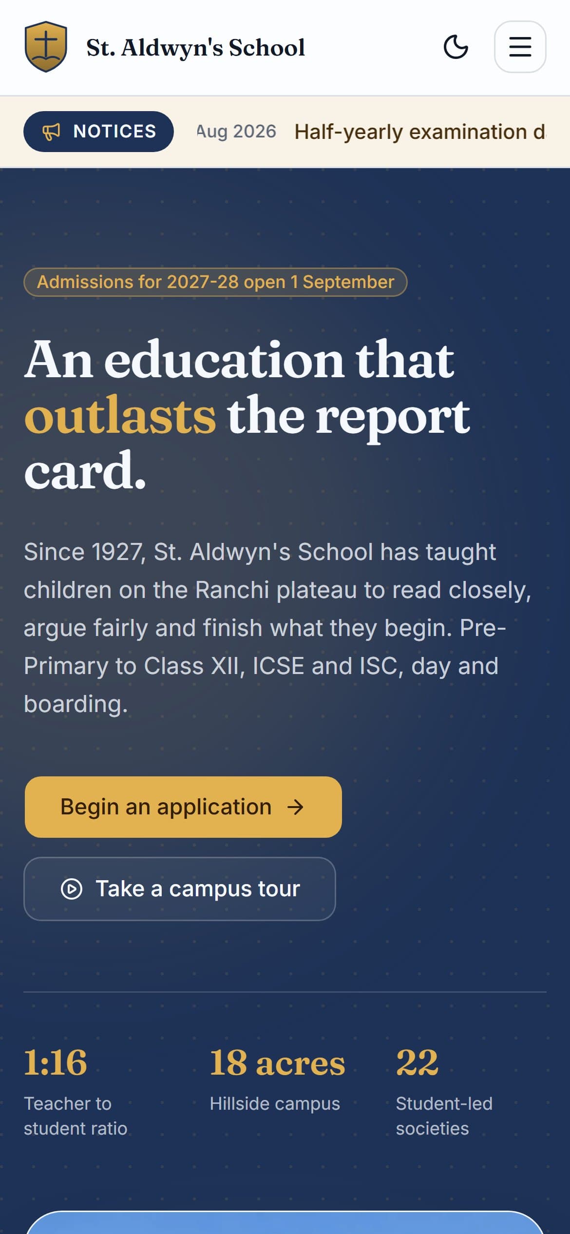 St. Aldwyn's School homepage on a mobile phone