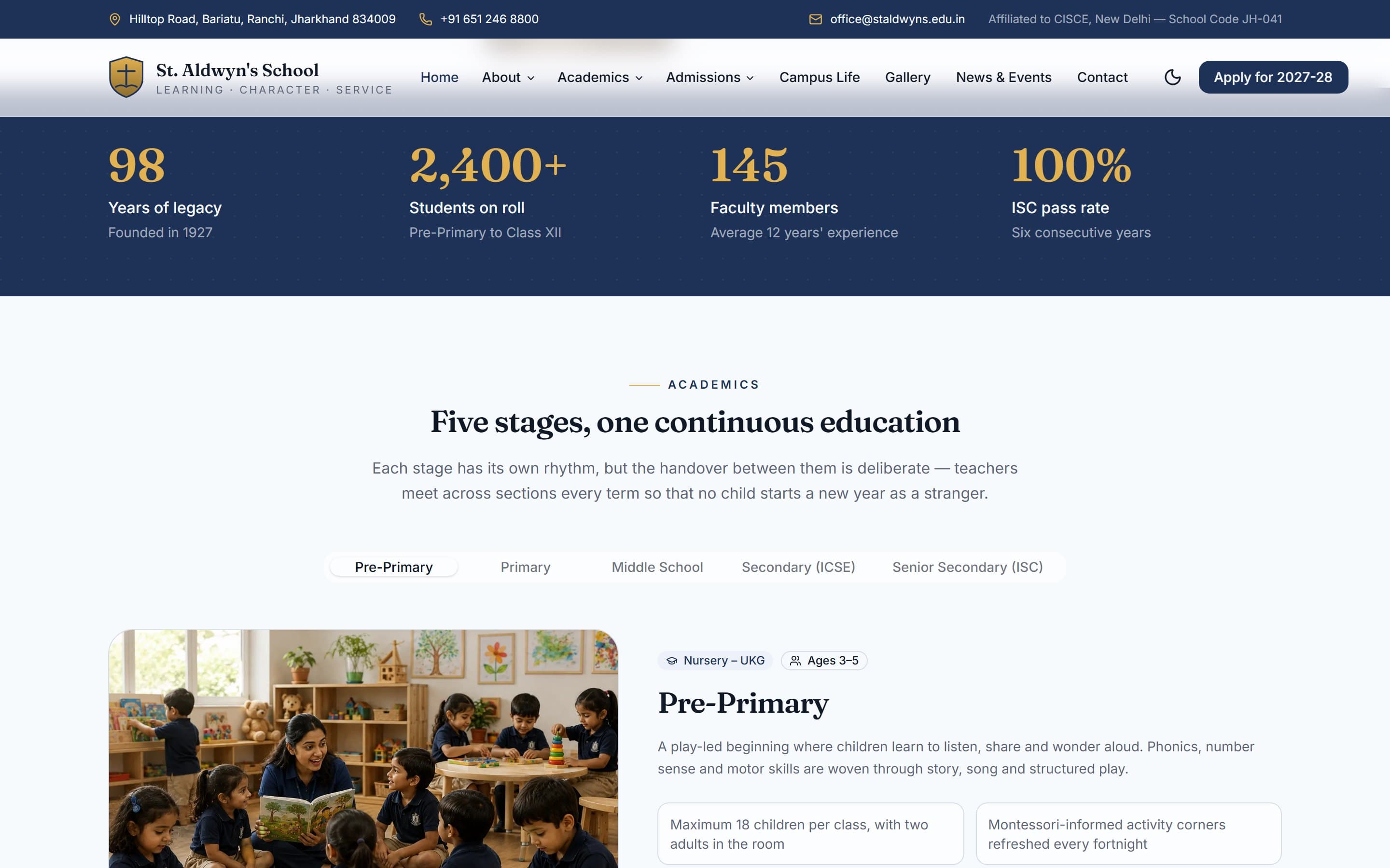 St. Aldwyn's School academic stages and campus facilities sections