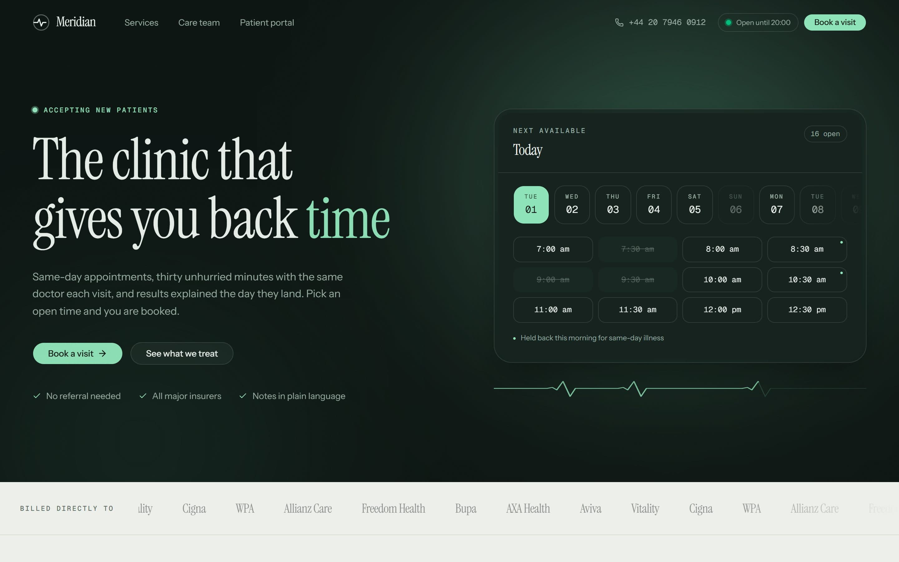 Meridian Clinic homepage with a live appointment calendar showing open half-hour slots