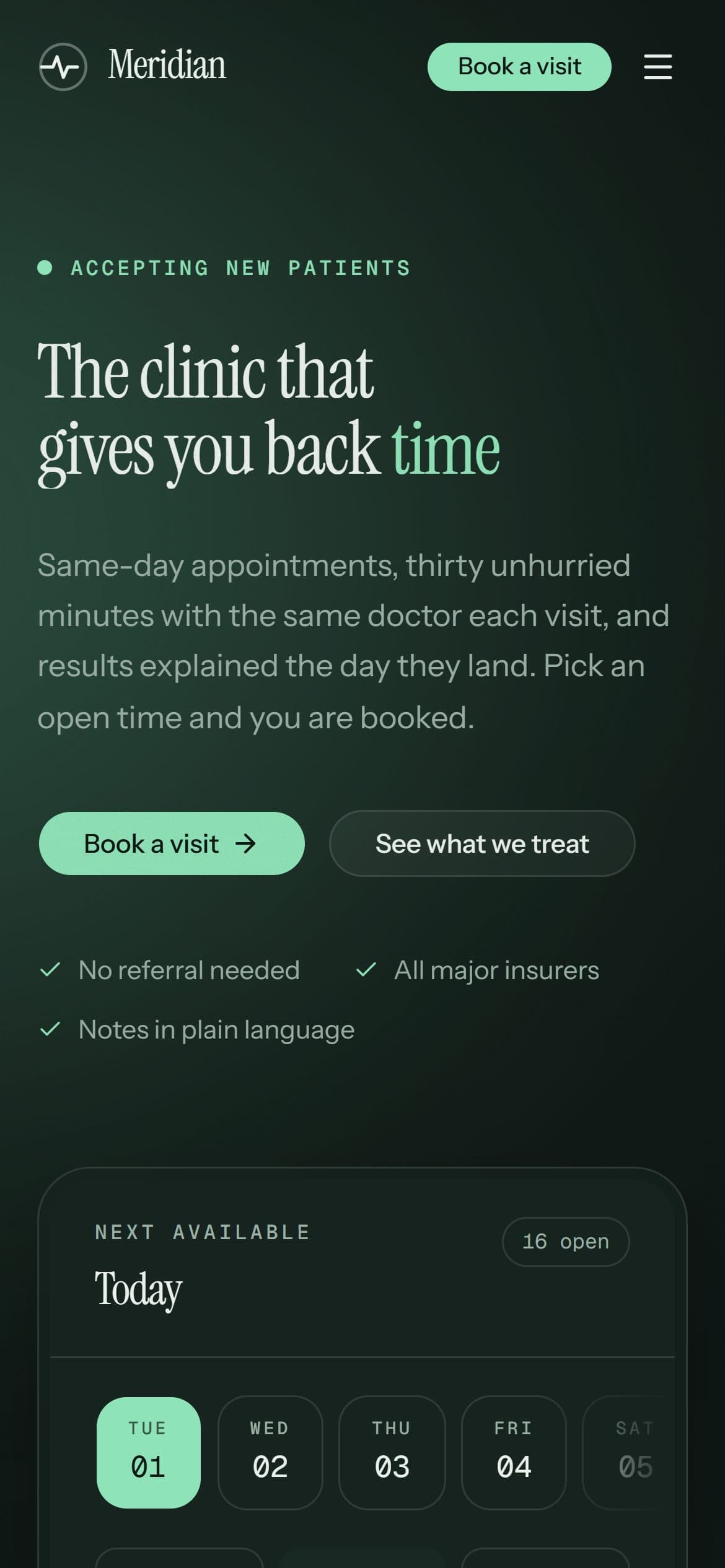 Meridian Clinic homepage on a mobile phone