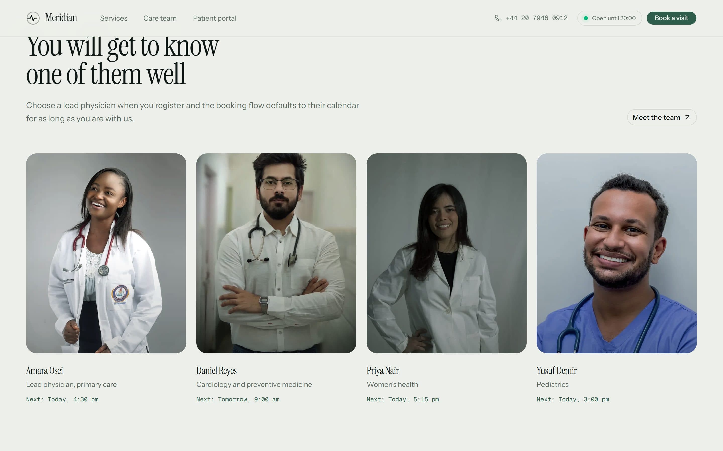 Meridian Clinic care team cards showing each clinician’s next available appointment