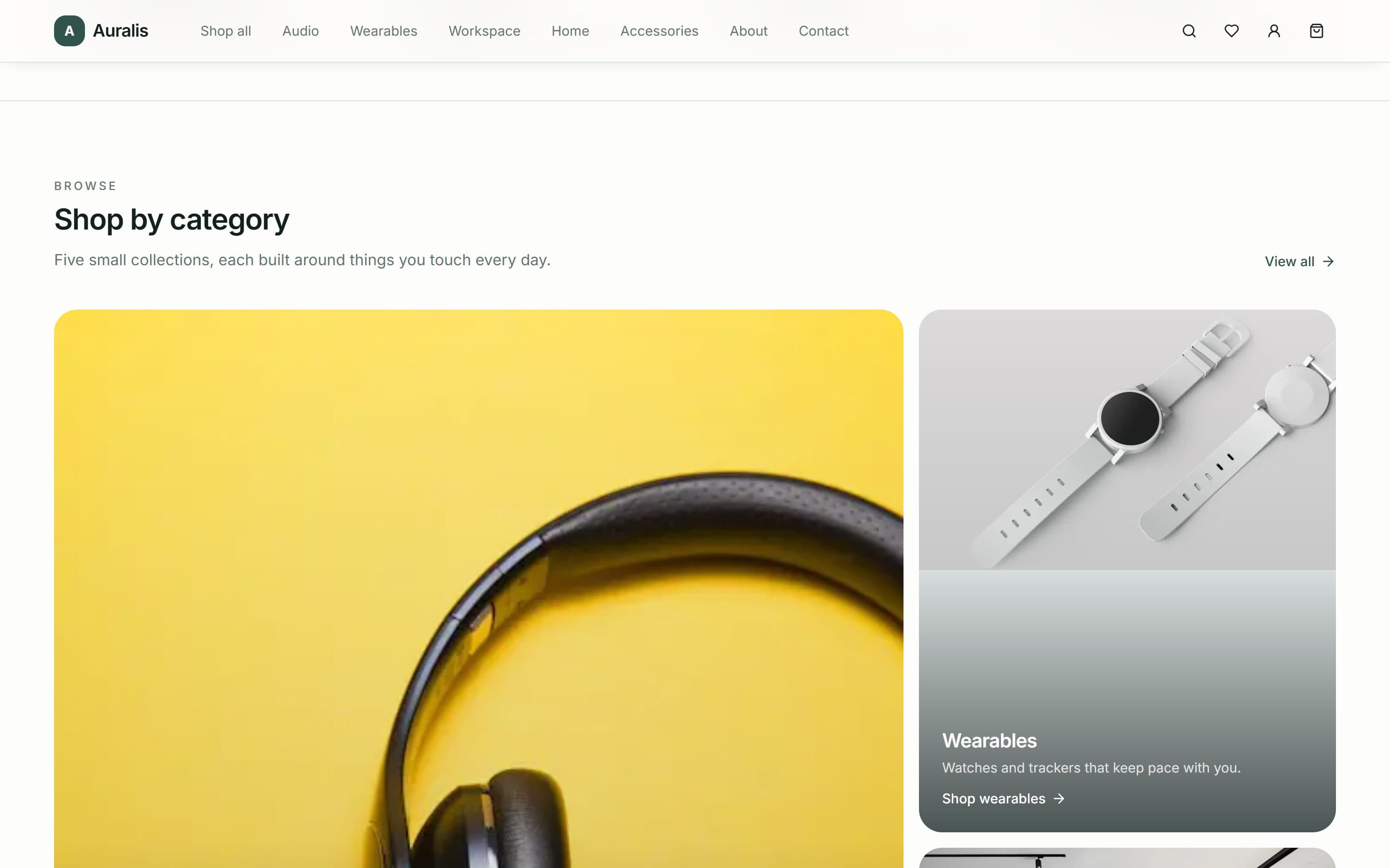 Auralis category browsing across audio, wearables, workspace, home and accessories