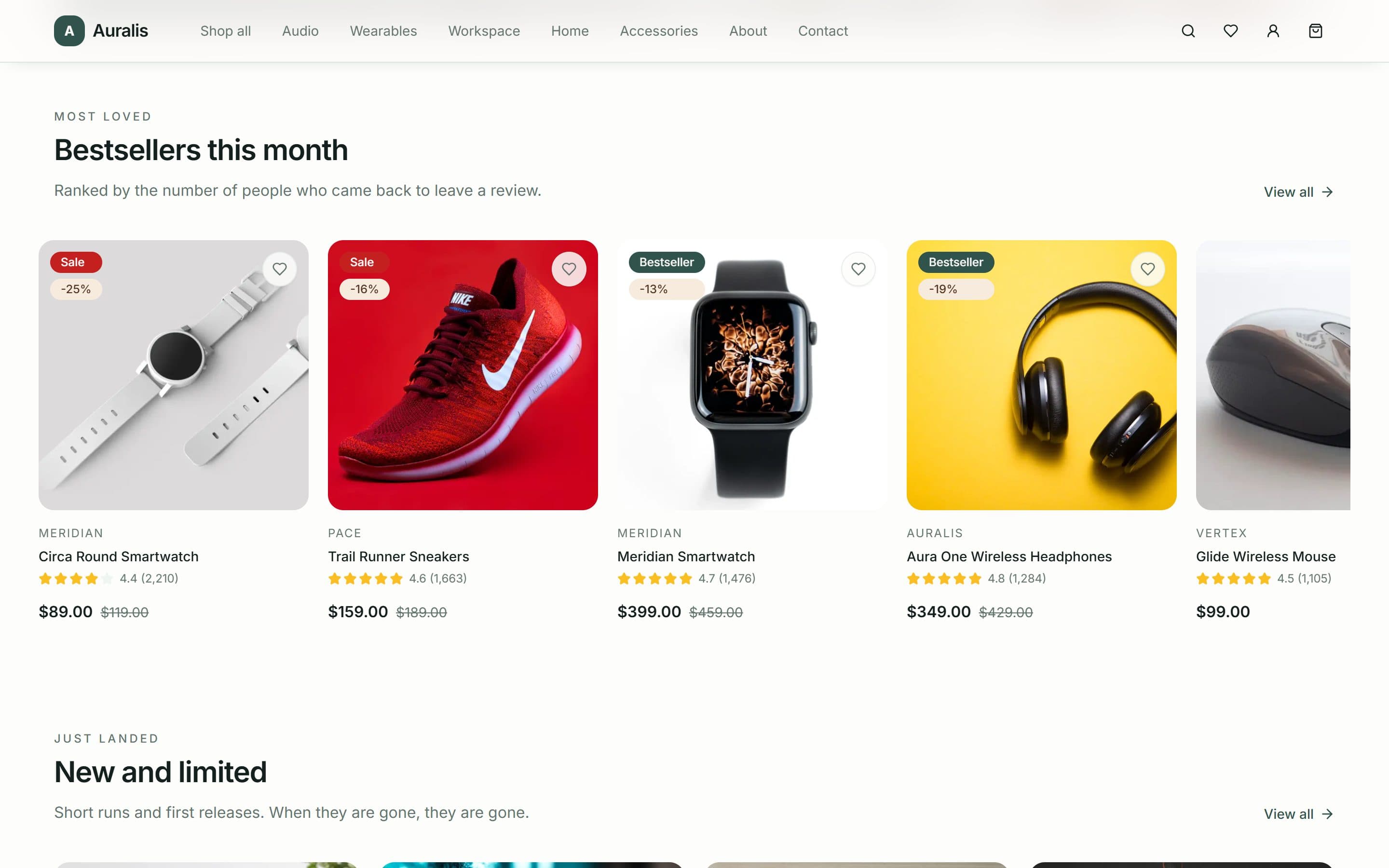 Auralis best sellers grid showing sale prices, discount badges and star ratings with review counts