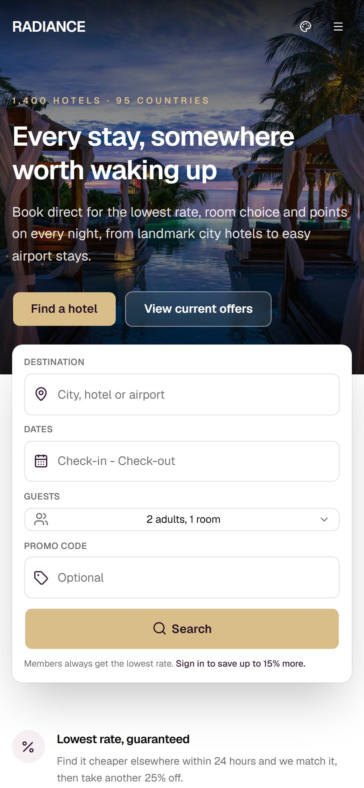 Radiance Hotels homepage on a mobile phone