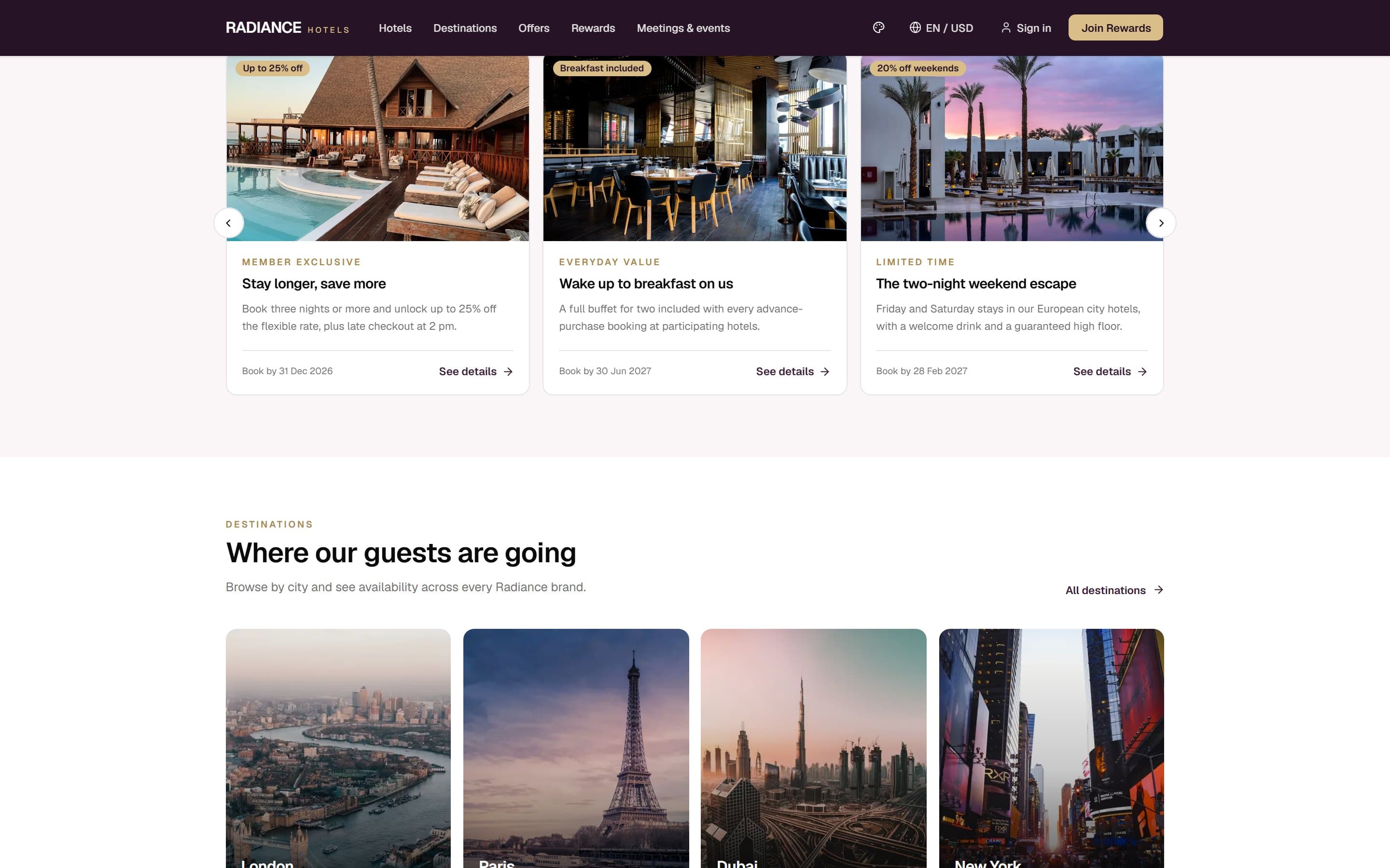 Radiance Hotels offers and packages grid with book-by dates