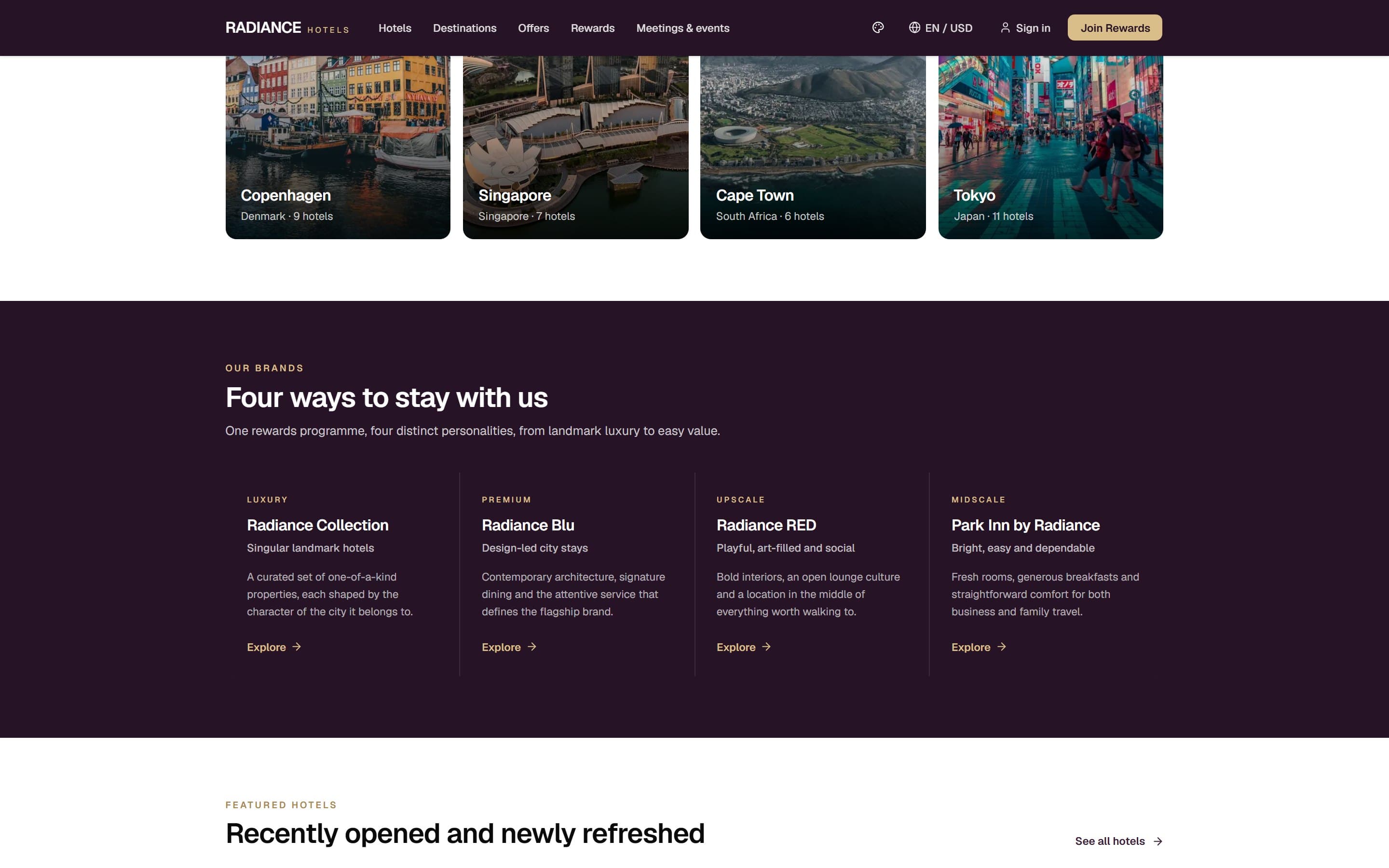 Radiance Hotels destination browsing and sub-brand sections